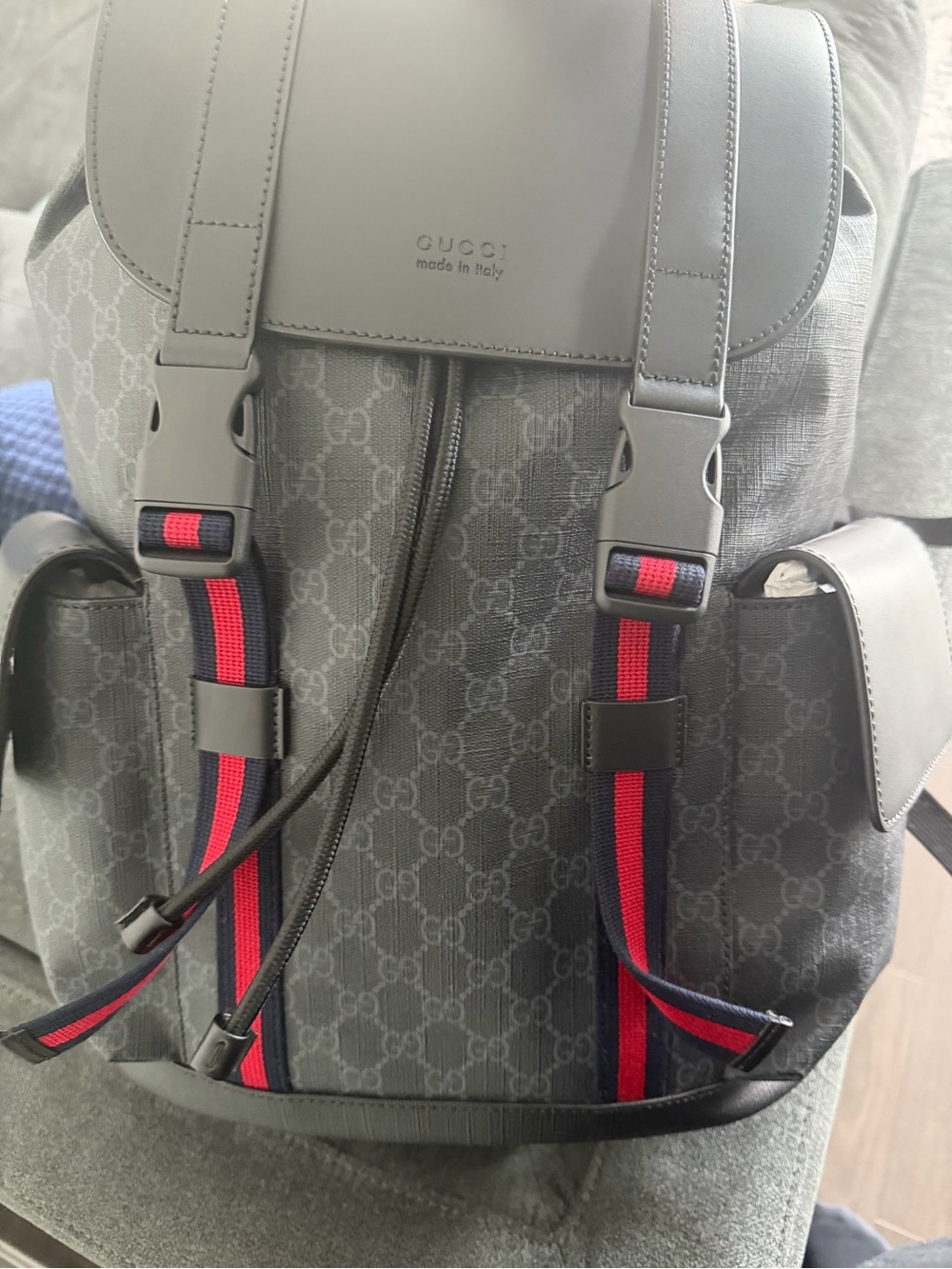 Gucci Gray GG Supreme Canvas Backpack with Red and Blue Web